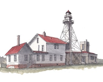 WHITEFISH POINT LIGHTHOUSE - Michigan Upper Peninsula, Shipwreck Museum, Plein Air Ink and Watercolor Painting, Drawing, Art, Drawn There