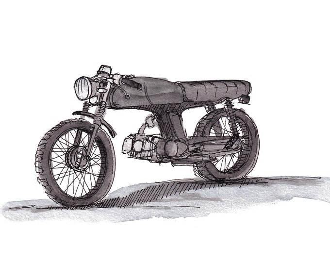 HONDA SS50 MOTORCYCLE 1972 - Vintage, Classic, Bike, Streetbike, Cafe Racer, Drawing, Watercolor, Painting, Sketchbook, Art, Drawn There