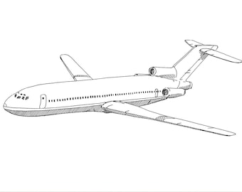 BOEING 727 AIRPLANE - Jet, Commercial Airliner, Fly, Travel, Flight, Ink Drawing, Line Drawing, Art, Print, Black and White, Drawn There