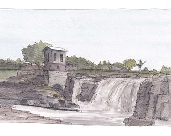 SIOUX FALLS, South Dakota - Waterfall, Falls, River, Rocks, Mill, Drawing, Ink and Watercolor Plein Air Landscape Painting, Art, Drawn There