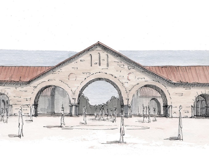 STANFORD UNIVERSITY BUILDING - Drawing, Pen and Ink, Watercolor, Painting,, Architecture, Italianate, Renaissance, Arch, Drawn There