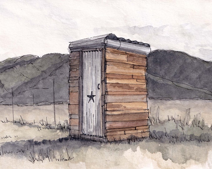 OUTHOUSE IN FIELD - Rustic Wood, Bathroom Art, Toilet, Meadow, Mountains, Drawing, Watercolor Painting, Sketchbook, Art, Print, Drawn There