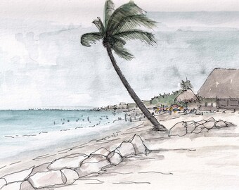 PLAYA DEL CARMEN - Palm Tree, Beach, Ocean, Blue Water, Clouds, Windy, Tropical, Drawing, Watercolor, Sketchbook, Art, Print, Drawn There