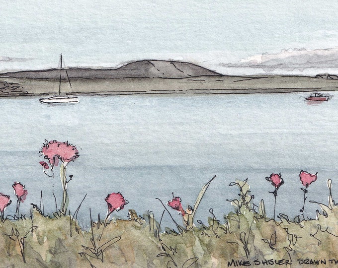 ROSSES POINT LAKE - Silgo, Ireland, Ink and Watercolor Landscape Painting, Drawing, Art, Flowers, Sailboat, Hills, Drawn There