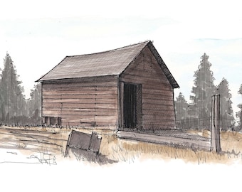 RUSTIC ABANDONED CABIN - Fish Trap, Farm, Nature, Wild West, Historic, Art, Pen and Ink, Drawing, Painting, Sketchbook, Drawn There