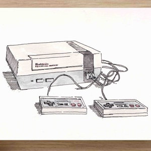 May include: Watercolor illustration of a classic Nintendo Entertainment System (NES) console with two controllers. The console is light gray with the text "Nintendo Entertainment System" visible. The controllers have red buttons.