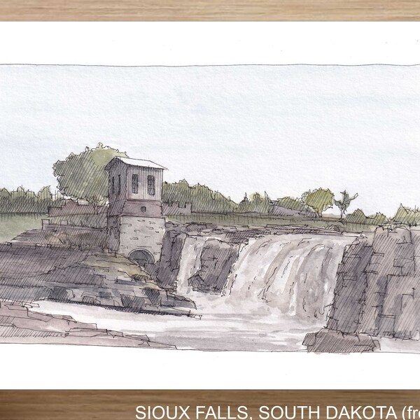 SIOUX FALLS, South Dakota - Waterfall, Falls, River, Rocks, Mill, Drawing, Ink and Watercolor Plein Air Landscape Painting, Art, Drawn There