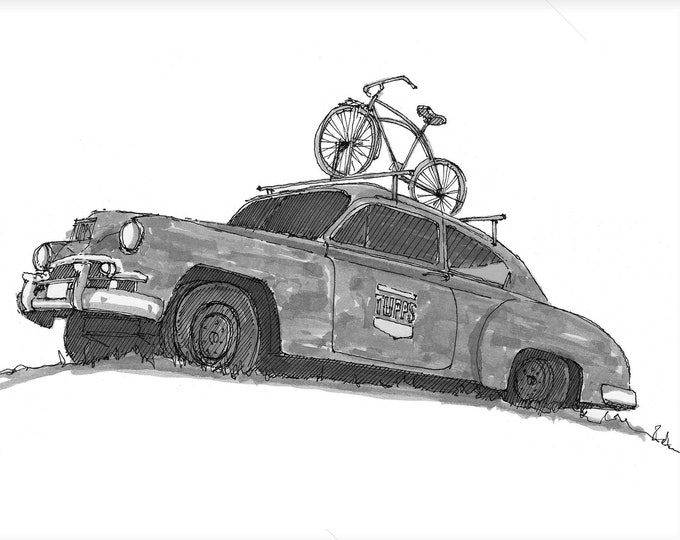 OLD RUSTY CAR with bike on roof - Tupps Brewery, Vintage, Classic, Bicycle, Drawing, Pen and Ink, Sketchbook, Art, Drawn There