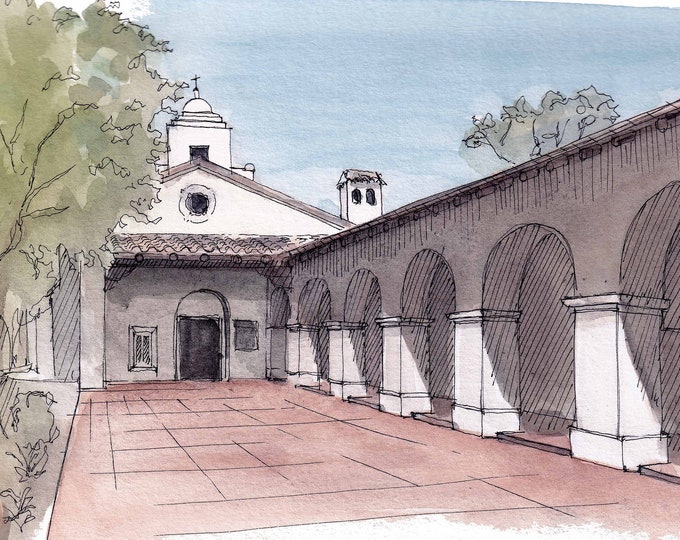 JUNIPERO SERRA MUSEUM - Old Town San Diego Spanish Mission Architecture, Watercolor Plein Air Painting, Drawing, Art Print, Drawn There