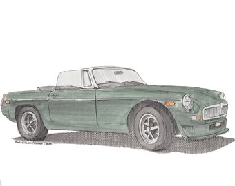 MGB ROADSTER - Classic Car, Vintage, Convertible, Ink Drawing, Watercolor Painting, Sketchbook, Art, Drawn There