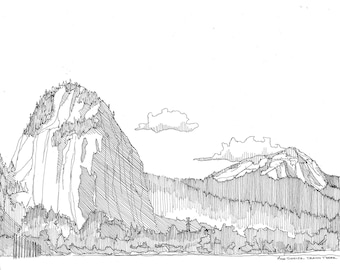 BEACON ROCK Columbia River Gorge - Washington State, Landscape, Mountain, Trees, River, Drawing, Pen and Ink, Sketchbook, Drawn There, Art