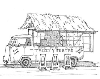 MEXICAN TACO VAN - Food Truck, Tacos, Thatched Roof, Ink Drawing, Sketchbook, Art, Print, Drawn There