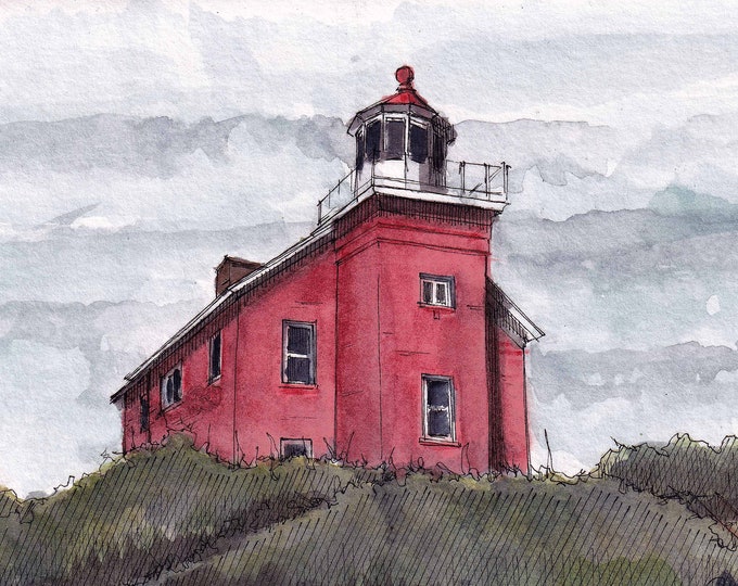 MARQUETTE LIGHTHOUSE - Michigan, Lake Superior, Nautical, Urbansketcher, Plein Air Ink and Watercolor Painting, Drawing, Art, Drawn There