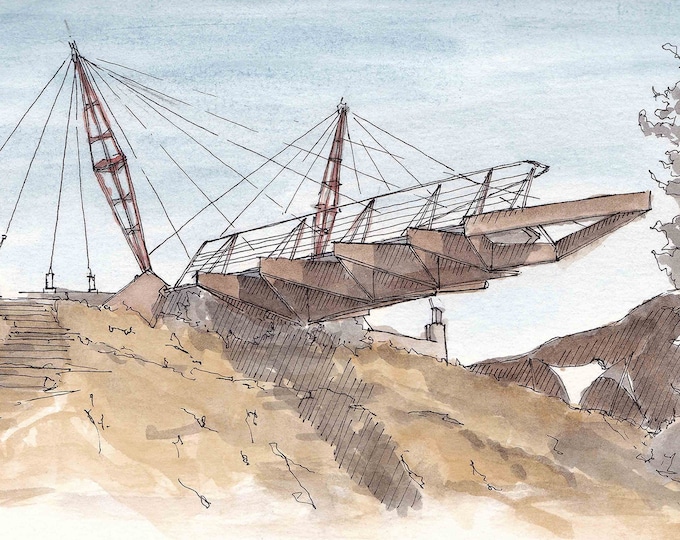 ARCHITECTURE GRAVEYARD - Suspended Bridge, Cal Poly Canyon, Drawing, Pen and Ink, Watercolor Painting, Sketchbook, Art, Print, Drawn There