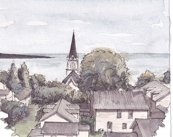 MACKINAC ISLAND ROOFTOPS - Michigan, Landscape, Great Lakes, Fudge, Plein Air Ink and Watercolor Painting, Drawing, Art, Drawn There