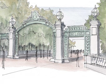UC BERKELEY Sather Gate -  Ink and Watercolor, Art, Drawing, Architecture, Painting, Architecture, Campus, College, University, Drawn There