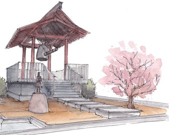 JAPANESE FRIENSHIP BELL - Shelter Island, San Diego, Pavilion Architecture, Drawing, Plein Air Watercolor Painting, Art, Drawn There