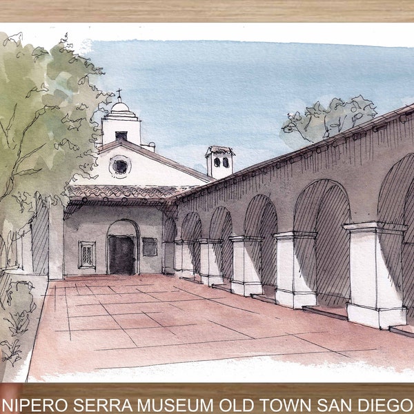 JUNIPERO SERRA MUSEUM - Old Town San Diego Spanish Mission Architecture, Watercolor Plein Air Painting, Drawing, Art Print, Drawn There
