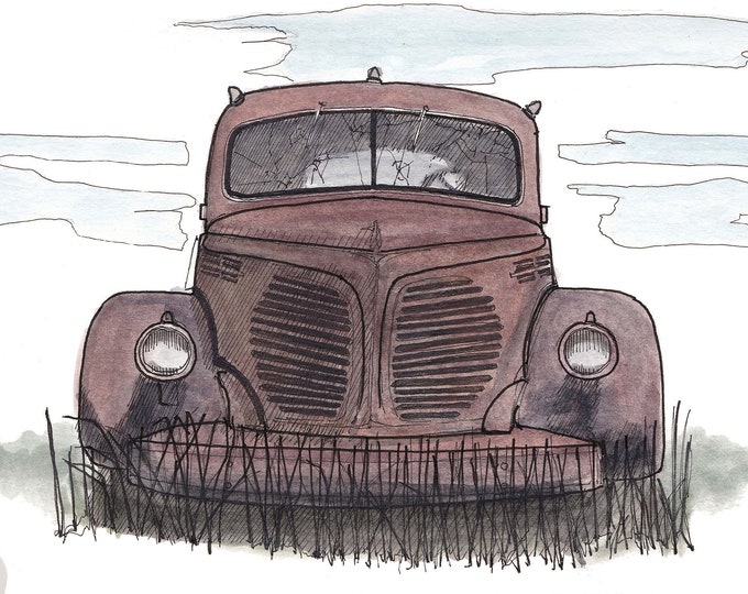 JUNKYARD CAR- Classic Car, Rust, 1940's, Abandoned, Rusty, Old, Art Print, Line Drawing, Art, Pen and Ink, Drawing, Sketchbook, Drawn There