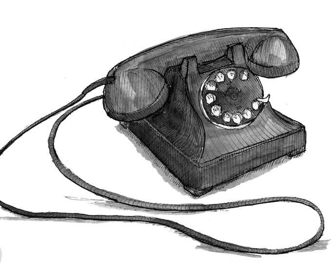 VINTAGE ROTARY TELEPHONE - Phone, Western Electric Model 302, Drawing, Pen and Ink, Painting, Sketchbook, Art, Print, Drawn There