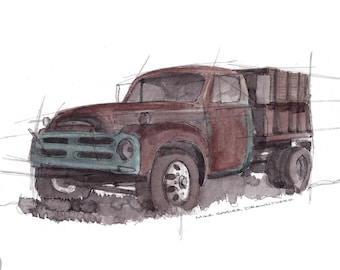 VINTAGE STUDEBAKER PICKUP - Rusty Truck, Farm Truck, Classic, Rusty, Ink and Watercolor Drawing, Painting, Giclee Art Print, Drawn There