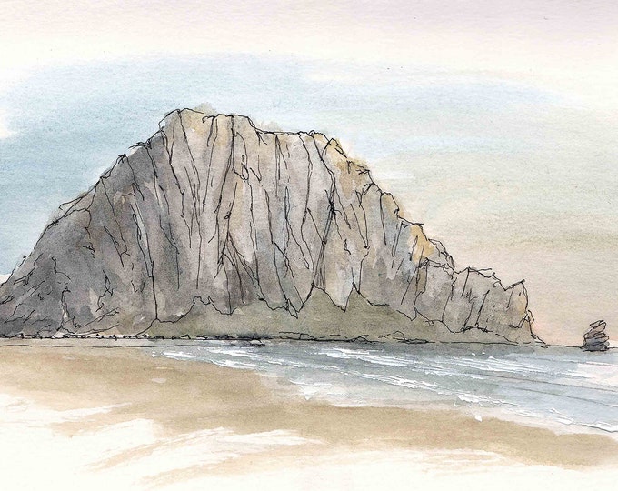 MORRO ROCK - Morro Bay, California, Beach, Ocean, NorCal, Volcanic Plug, Drawing, Watercolor Painting, Sketchbook, Art, Print, Drawn There