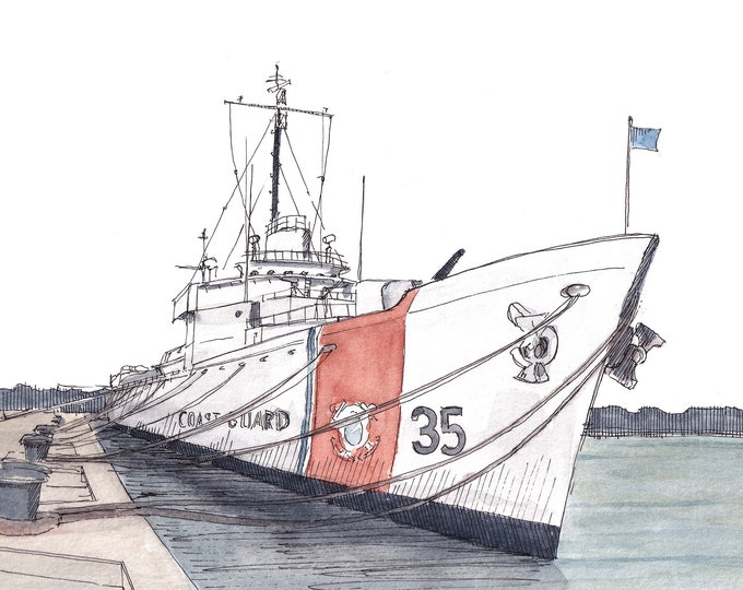 COAST GUARD CUTTER - uscgc ship, Key West, Florida, Museum, Drawing, Ink and Watercolor Nautical Painting, Art, Giclee Print, Drawn There