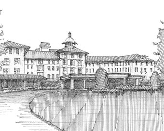 PINEHURST CAROLINA HOTEL - Golf Resort, North Carolina, Sand Hills, Architecture, Pen & Ink, Plein Air Line Drawing, Art, Drawn There
