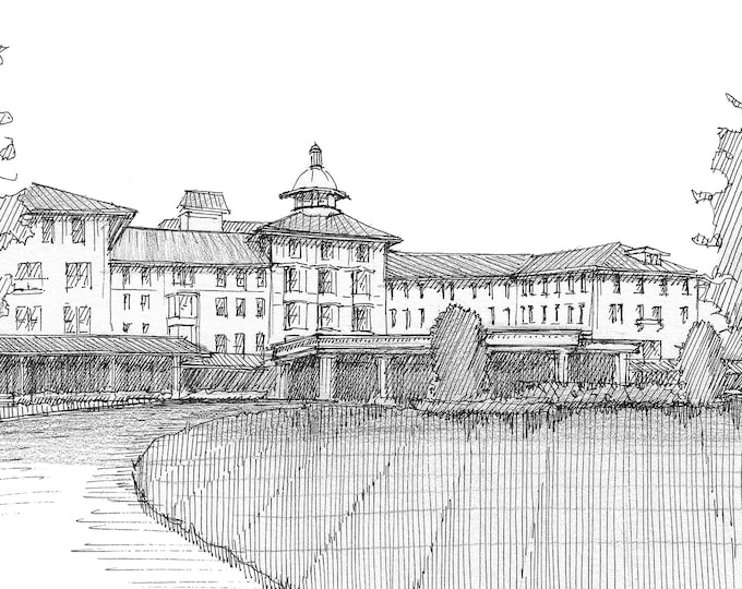 PINEHURST CAROLINA HOTEL - Golf Resort, North Carolina, Sand Hills, Architecture, Pen & Ink, Plein Air Line Drawing, Art, Drawn There