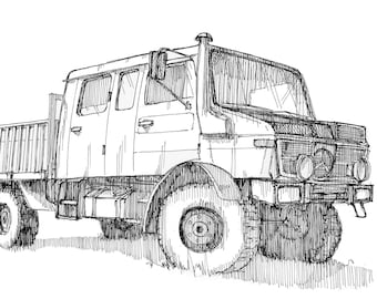 MERCEDES UNIMOG OVERLAND - Vehicle, Truck, Off Road, 4x4, Military, Vanlife, Drawing, Pen and Ink, Watercolor, Painting, Art, Drawn There