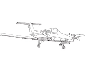 BEECHCRAFT DUCHESS AIRPLANE - Twin Engine, Plane, Fly, Travel, Flight, Ink Drawing, Line Drawing, Art, Print, Drawn There