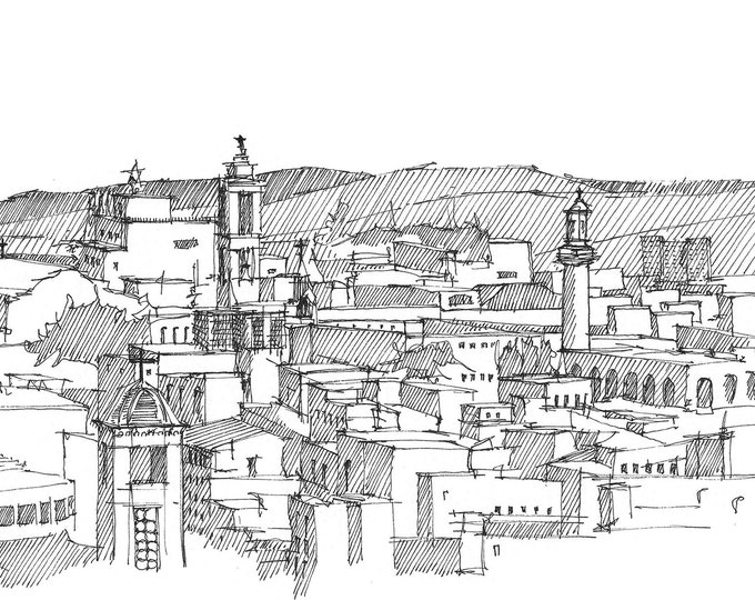 JERUSALEM SKYLINE - Holy City, Pen and Ink, Drawing, Sketchbook, Art, Architecture, Drawn There