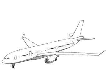 AIRBUS A330 AIRPLANE - Jet, Commercial Airliner, Fly, Travel, Flight, Ink Drawing, Line Drawing, Art, Print, Black and White, Drawn There