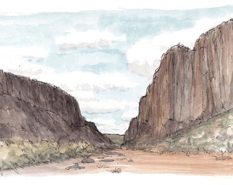 DIABLO CANYON - Santa Fe, Hiking, Sky, Canyon, Cliff, Rock, Desert, Art, Pen and Ink, Drawing, Watercolor, Painting, Sketchbook, Drawn There