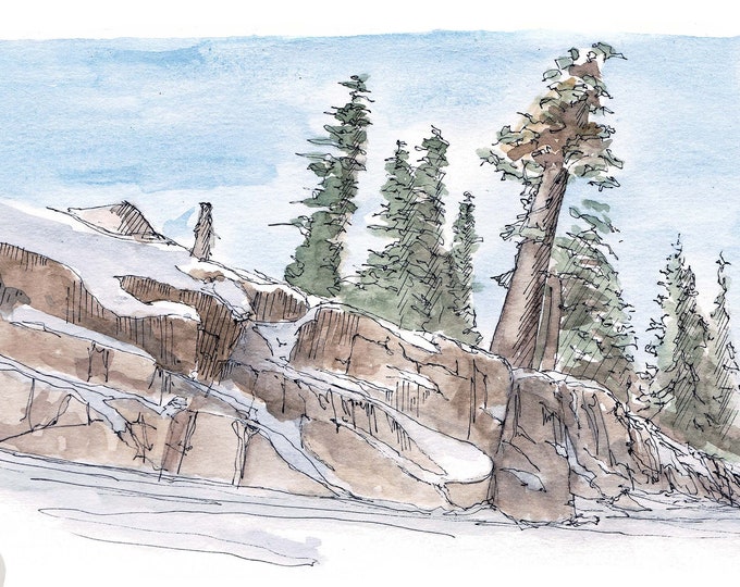 SNOW COVERED ROCKS, Squaw Valley, Lake Tahoe - Ink and Watercolor, Drawing, Painting, Sketchbook, Skiing, Snowboarding, Winter, Drawn There