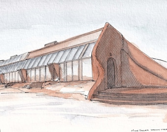 TAOS EARTHSHIP - Off Grid, Architecture, New Mexico, Alternative, Drawing, Watercolor, Painting, Sketchbook, Art, Print, Drawn There