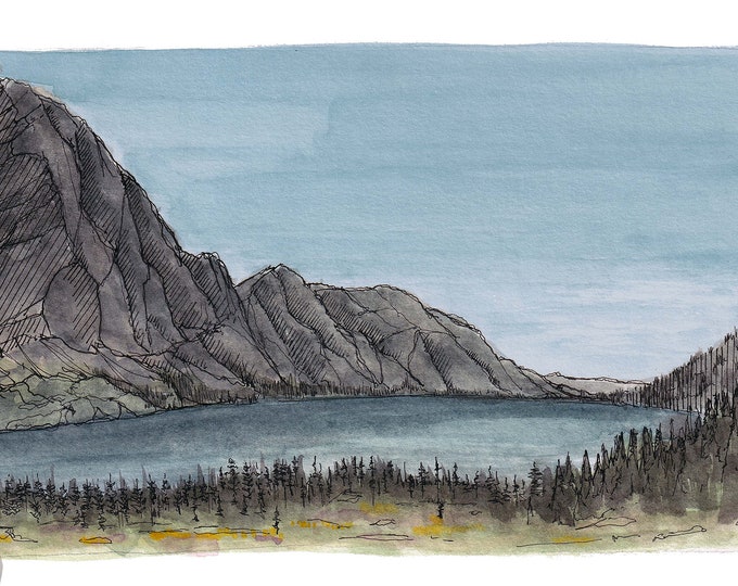 GLACIER NATIONAL PARK - Lake Ellen Wilson, Montana, Hiking, Ink and Watercolor Landscape Plein Air Painting, Drawing, Art, Drawn There