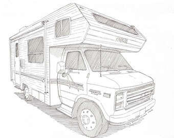 CLASSIC CAMPER RV - Chevy, Recreational Vehicle, Camping, Road Trip, Vanlife, Drawing, Pen and Ink, Art Print, Sketchbook, Drawn There
