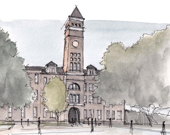 CLEMSON UNIVERSITY Tillman Hall Bell Tower - Architecture, Georgia, Drawing, Watercolor Painting, Sketchbook, Art, Print, Drawn There