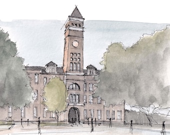 CLEMSON UNIVERSITY Tillman Hall Bell Tower - Architecture, Georgia, Drawing, Watercolor Painting, Sketchbook, Art, Print, Drawn There