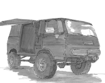 CLASSIC CHEVY VAN - Vintage, Van, Vanlife, Custom 4x4, Drawing, Pen and Ink, Watercolor, Painting, Art, Sketchbook, Drawn There