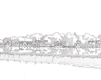 BOATHOUSE ROW PHILADELPHIA - Rowing, Schuylkill River, Waterfall, Pen and Ink, Drawing, Architecture, Sketchbook, Art, Print, Drawn There