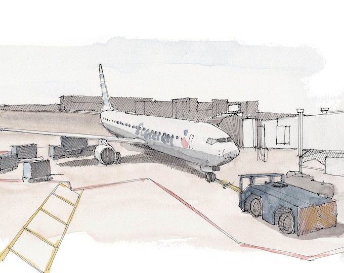 COMMERCIAL AIRLINER PUSHBACK - Jet, Airplane, Airport, Tarmac, Travel, Flight, Drawing, Pen and Ink, Watercolor, Painting, Art, Drawn There