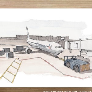 May include: Watercolor illustration of an American Airlines airplane at an airport gate. The image shows the plane, a fuel truck, and a boarding ladder. The text "AMERICAN AIRLINES (front)" is at the bottom.