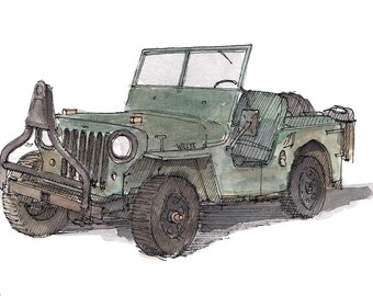 WILLYS JEEP 1949 - Classic Car, Off Road, WWII, World War Two, 4x4, Drawing, Pen and Ink, Painting, Watercolor, Sketchbook, Drawn There