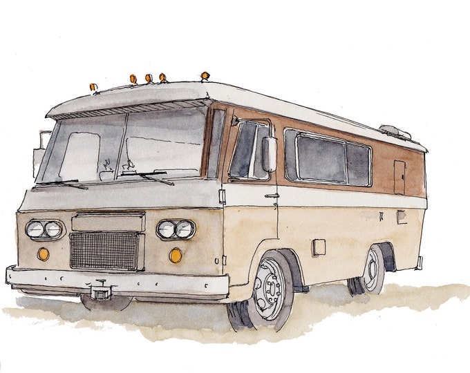 CLARK CORTEZ MOTORHOME - Vanlife, Classic, rv, Ink and Watercolor, Painting, Drawing, Art Print, Drawn There
