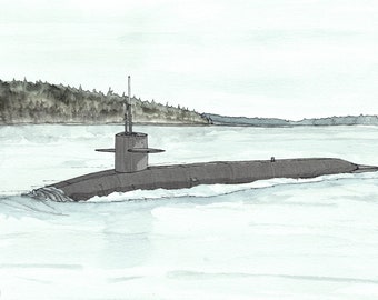 SUBMARINE - Military, USS Kentucky SSBN 737, Vessel, Navy, Ship, Military Art, Ink and Watercolor,Drawing, Painting, Sketchbook, Drawn There