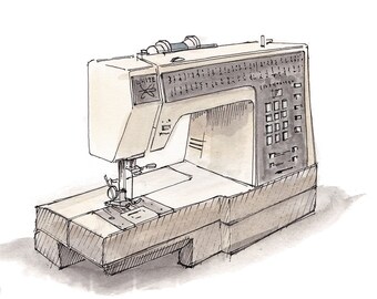 SEWING MACHINE - Ink and Watercolor, Art Print, Drawing, Pen and Ink, Watercolor, Arts and Crafts, Seamstress, Fashion, Garment, Drawn There