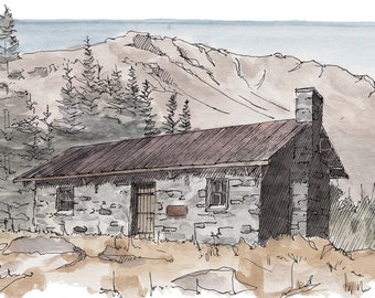 MOUNT SHASTA CABIN - Ink and Watercolor, Art Prints, Drawing, Horse Camp, Landscape, Pen and Ink, Painting, John Muir, Drawn There