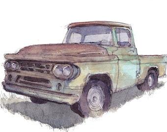CLASSIC DODGE PICKUP - Rusty Truck, Colorful, Vintage, Ink and Watercolor Drawing, Painting, Sketchbook, Art Print, Drawn There